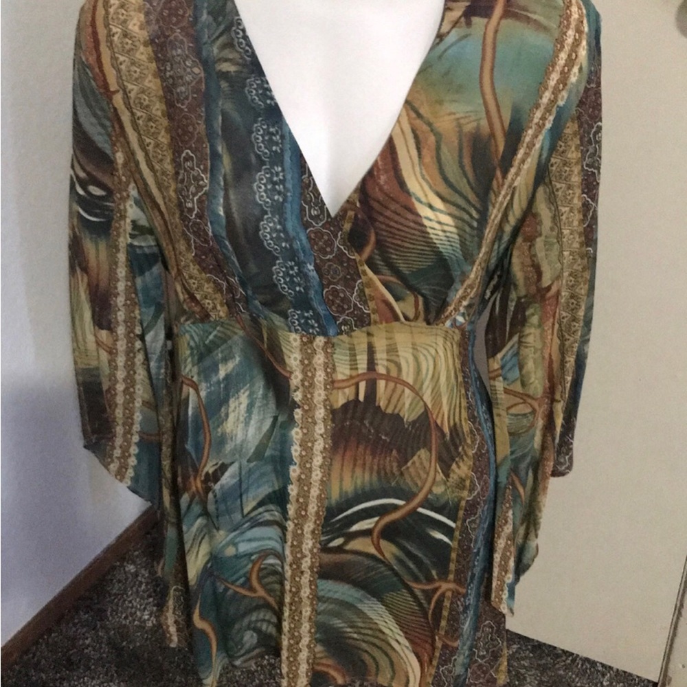 Dressbarn Brown/Turquoise Blouse Size L - NWT